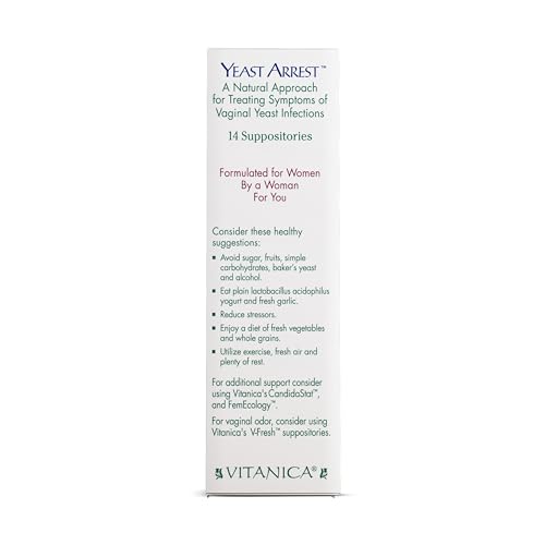 Image of Vitanica Yeast Arrest, Homeopathic Vaginal Suppositories,Yeast Infection Symptoms, Relieves Burning, Itching & Discharge, with Boric Acid, Tea Tree Oil & Probiotics, Vegan (Yeast Arrest Pro Logo, 14)