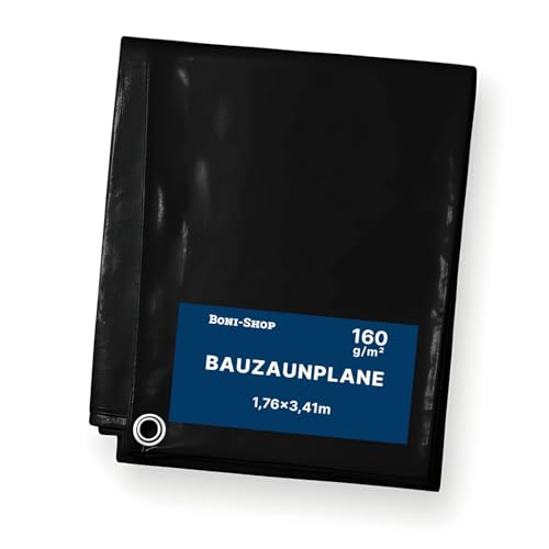 Boni-Shop Bauzaunplane Sichtschutz 1,76x3,41m schwarz | 160g/m² PE-Gewebeplane wasserdicht UV-stabilisiert | Zaunblende Blickdicht mit Aluminium-Ösen | Windschutz Bauplane