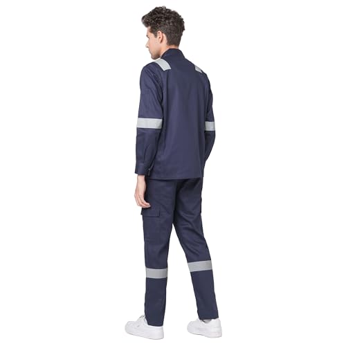 Image of Men's 100% Cotton Industrial Workwear Jacket & Pant Set with Reflective Tape, OEKOTEX, 200 GSM.