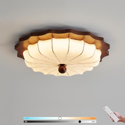 LOGT Lámpara de Techo de Madera LED Regulable con Mando a Distancia Luz de Techo Redonda Pantalla de Tela Iluminación de Techo Aspecto de Madera Vintage Retro Plafon Decorativas Creativas,55CM/54W