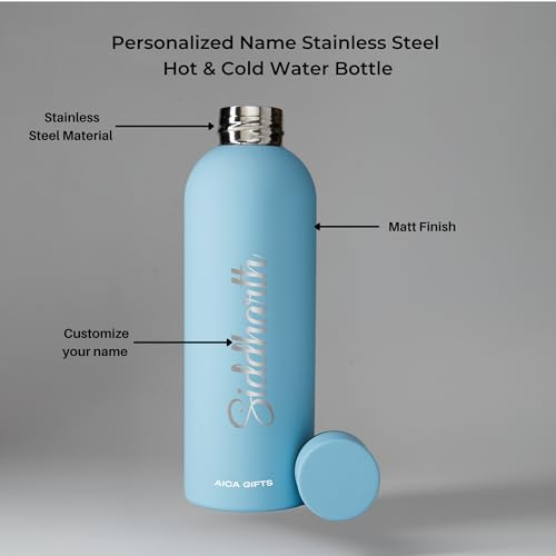 Image of AICA Personalized Name Stainless Steel Water Bottle -500ml -12Hrs Hot & 18Hrs Cold (Babyblue) |Customised Gift For Man Woman Girl Boy