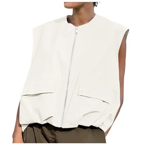 Soupliebe Kurze Übergröße Oversized Weste Ärmellose Westen Elegant Für Damen Mit Vielen Taschen Lockere Passform Jacke Große Größen Durchgehender Reißverschluss Blouson Sommer Lässige Leicht Tops