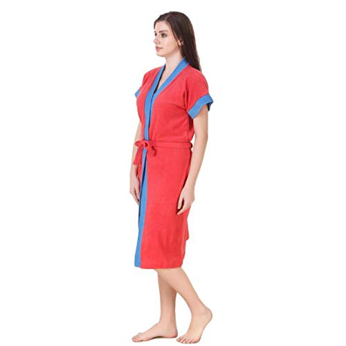 Image of bathrobes terry cotton free size bathrobe for women, bathsuit fit up to 42 inches chest size ladies - Blue Belt Red bathrobe