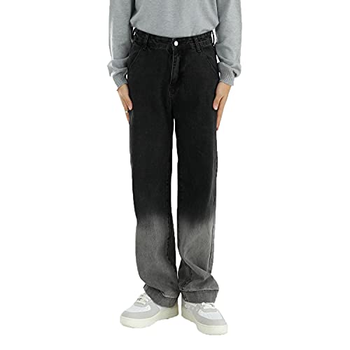 Men's Middle Waist Loose Jeans Leisure Baggy Wash Straight Leg Denim Pants Casual Versatile Loose Jean Trousers (Black,Large)