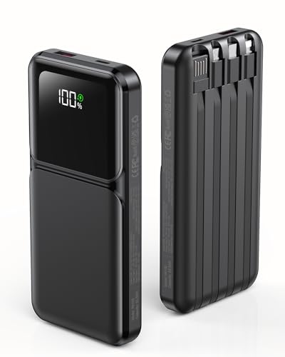 RONEGN Power Bank Portable Charger with Built in Cable 10000mAh USB C Fast Charging Travel Essential Battery Pack for iPhone Samsung Android iPad etc