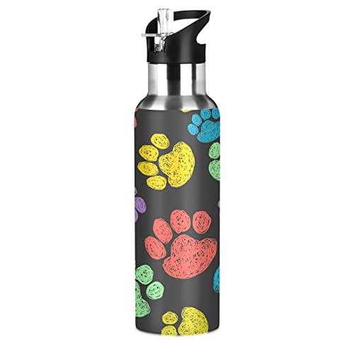 Botella de agua con estampado de pata de animal arco韗is con huella de perro de gato de paja, botella aislada al vac韔, de acero inoxidable, a prueba de fugas, botella de agua para ni駉s, tazas t閞micas