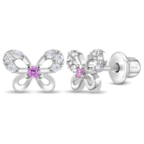 925 Sterling Silver Butterfly Safety Screw Back Earrings For Toddlers and Little Girls - Dazzling Pink and Clear Cubic Zirconia Stone Earrings - Butterfly Shaped Girl Earrings