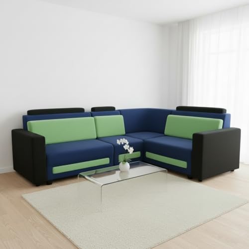 Image of APRODZ Wooden Sofa Set 6 Seater for Living Room, Solid Wood L Shape Sectional Sofa with Velvet Fabric Upholstery, Cushioned Seating for Home, Office & Lounge, Blue, Black & Green