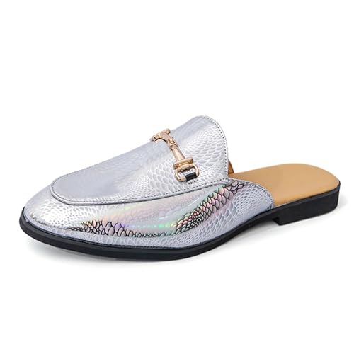 Men's Patent Leather Flats Slip-on Mules with Metal Chain Fashion Dress Backless Loafers Soft Non Slip Casual Slides Sandals