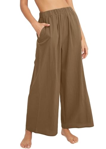 Women's High Waist Casual Wide-Leg Linen Trousers Vacation Palazzo Beach Pant Summer Business Pants with Pockets