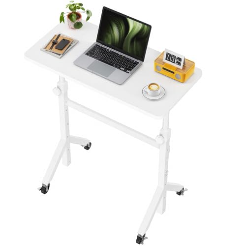 Marsail Mobile Stand Up Desk with Wheels, Adjustable Height Desk from 28.3″ to 46.5″, Rolling Standing Desk with Lockable Wheels, Portable Small Desk for Walking Pad and Treadmill, White