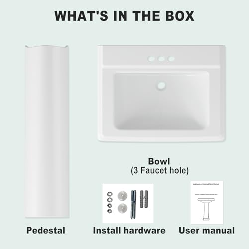 Bathroom Pedestal Sinks, Ceramic Pedestal Sink 26 x 22 Inch with 3 Faucet Holes (4 Inch Centerset), Rectangular Basin for Modern Family Bathrooms, Space-Saving Vanity Alternative