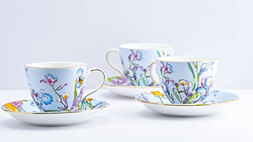 Image of GOLDEN QUEEN'S Cup & Saucer Set | Perfect for Hosting & for Tea /Coffee Lovers | Handcrafted in India, Inspired by Florals & 24-Carat Gold Rim | 6 Cups & 6 Saucers |170 ml - Blue Floral Songbird