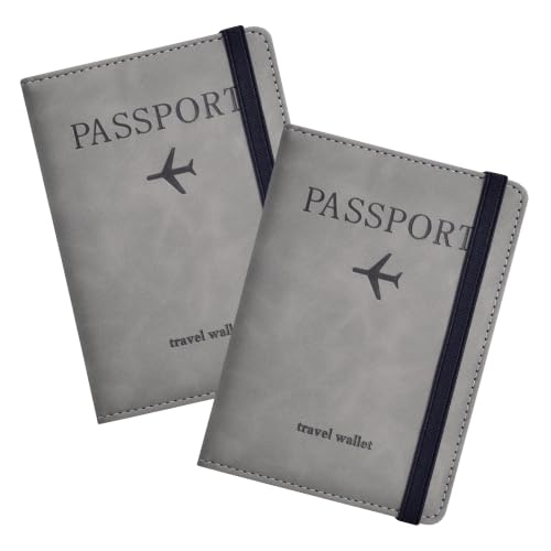 Image of PU Leather Passport Holder Travel Wallet Organiser for Men & Women | 4 Card Slots 2 SIM Slots Money Case | Travel Document Case Cover Passport Pouch Slim Unisex Gift - (Pack of 2) Grey