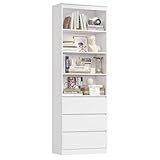 FirFurd 202 cm Bücherregal Bücherschrank mit 3 Schubladen 4 Fächern Hochschrank Wohnzimmerschrank mit verstellbaren Ablagen Vitrinenschrank für Wohnzimmer Arbeitszimmer Küche 202x60x35 cm weiß
