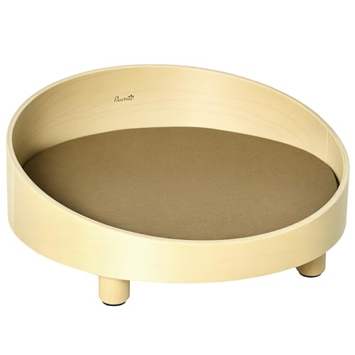 Pawhut Cama de Madera para Perros Gatos Sofá Redondo para Mascotas Pequeñas con Cojín Acolchado y Patas Ø59x23,5 cm Natura