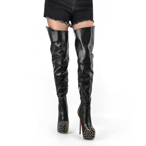 richealnini Platform Heel for Women Stiletto Heel Thigh High Boots with Zippers and Rivets2