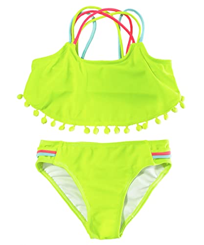 M2C Girls Pompom Tassel Two Piece Bikini Set Triple Cross Strap Crop Swimsuits Neno Green 7-8