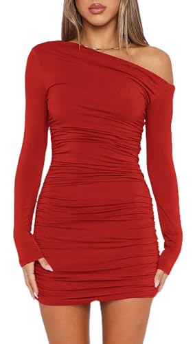ELFIN Damen Bodycon Kleid Gerippt Langarm Minikleid Sexy One Off Shoulder Geraffte Kleider Kurzes Cocktail Party Club Kleid Herbst Freizeitkleid (L,...