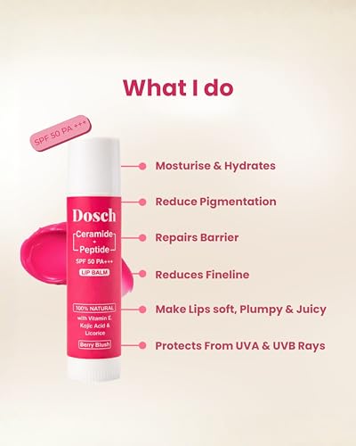 Image of DOSCH Tinted Lip Balm SPF 50 PA+++ - Berry Blush | 2% Peptides, 2% Ceramides & 10% Natural Squalane | With Vitamin E | Brightening Lip Balm for Dark, Pigmented & Chapped Lips | 5 g | 24H Moisturization & Hydration | Kojic Acid & Licorice | For Women