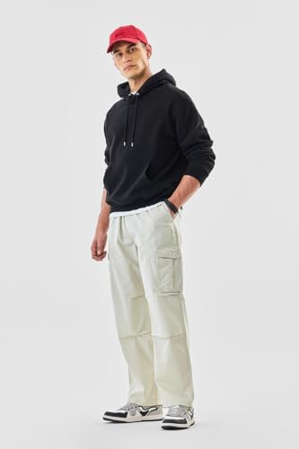 Image of SNITCH Men Cargo Pants | Loose Fit with Elastic Waistband & Drawstring | 100% Cotton Fabric with Utility Pockets | Streetwear Style for Casual Outings