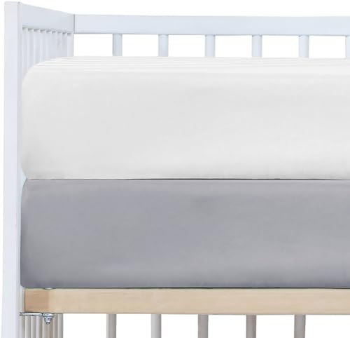 Image of Baby Boy Crib Sheets, 2 Pack Crib Sheets Set White & Grey, Baby Sheets for Crib & Toddler Mattresses, Made of Silky Soft Microfiber, Size 52 x 28 inches with 8 Inch Pocket for Snug Fit