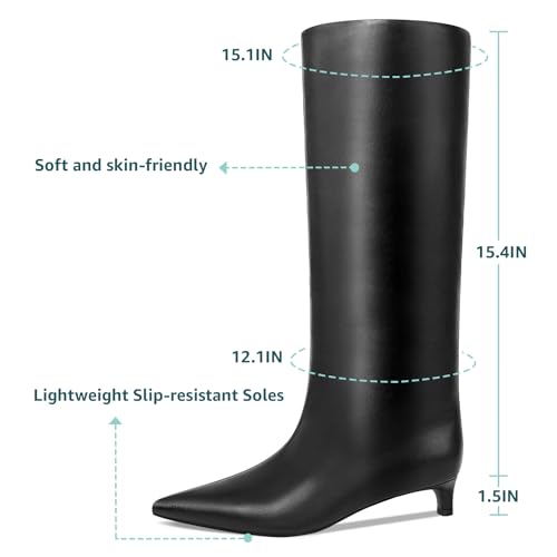 Kitten Heel Knee High Boots for Women, 1.5-in Stiletto Low Heel Long Boots Women Knee High, Womens Pull on Pointed Toe Tall Boots, Below the Knee Boots Faux Leather2
