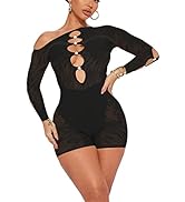 Women's 2023 Summer One Piece Jumpsuits Sexy Bodycon See Through Mesh Hollow Shorts Romper