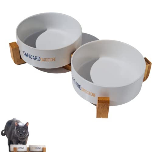 FIGARO CATS STORE® - BOL DE CARÁMICA PARA GATOS: 2 cuencos de cerámica con soporte de madera ligero, para gatos o perros . SET de dos (gris) Cover