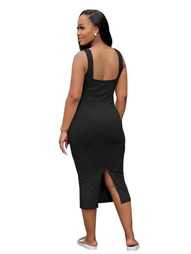 Image of TOPSRANI Women Sexy Midi Dress Bodycon Casual Sleeveless Basic Ruched Tank Summer Club Party Dresses