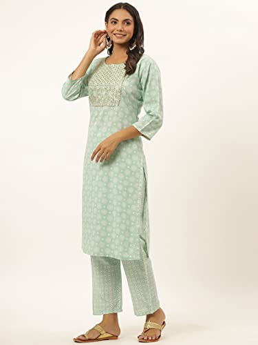 Image of YUFTA Women Black Floral Print Hand Work Cotton Kurta with Pant Set (6201SETBK )