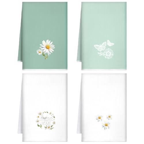 Geyoga 4 Pcs Floral Fingertip Towels Daisy Wildflowers Bathroom Kitchen Hand Towels Farmhouse Flower Tea Dish Washcloths for Bathroom Kitchen Home Spring Summer Decor Gifts