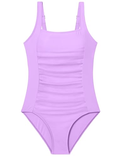 Girls Swimsuit One Piece Swimsuit Teen Swimsuits for Girl 12-14 Removable Pad Square Neck Girl Bathing Suits Solid Smocked Swimwear 13-14Y Purple