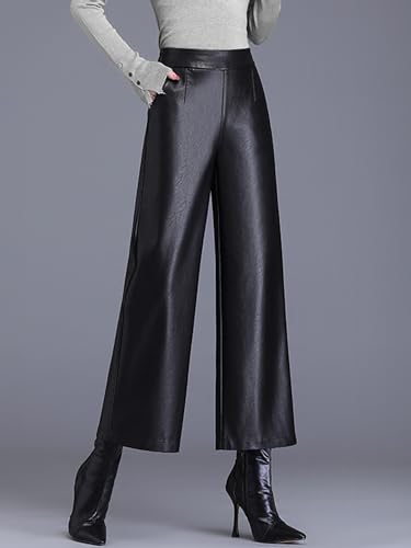 Women's Faux PU Leather Pants High Waist Wide Leg Trousers Culottes2