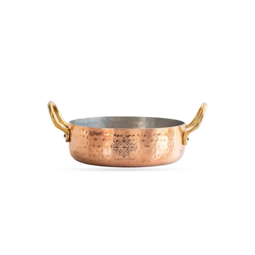 Indian Art Villa Pure Copper Round Dish, Brass Handle with Tin Lining, For Home restaurant and hotel, Cookware and Serveware, Diameter- 6.9 Inch