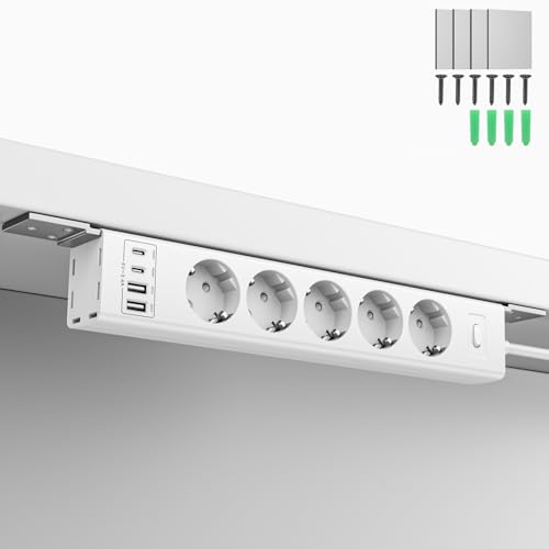 360° Montierbar Steckdosenleiste für Wand und Untertischmontage, 4000W, 5 Fach + 4 USB (2X USB-C PD20W+2X USB-A), Überlastungsschutz, unsichtbares Kabel, 2m für Schreibtisch, Küche, Büro & Werkstatt