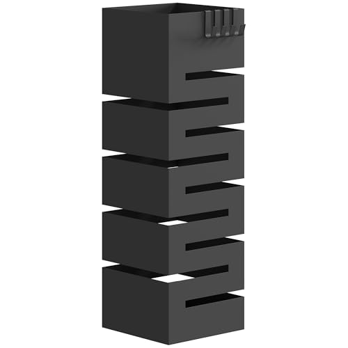 HOMCOM Regenschirmständer aus Metall Quadratisch Schirmständer Schirmhalter mit herausnehmbare Wasserauffangschale und 4 Haken für Eingangsbereich 15 5 x 15 5 x 49 cm Schwarz