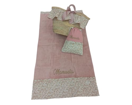 Capazo Mimbre, Toalla de Playa, Bolsa bañadores Personalizado para niña - Conjunto piscina infantil con nombre - 3 piezas (Flores Liberty/Rosa Maquillaje)