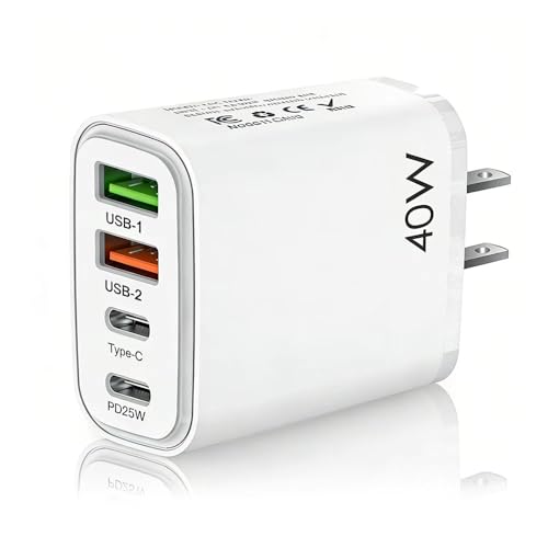 US travel adapter charger US and Canada charger plug 40W fast charger plug with 2 USB-A and 2 USB-C fast charging ports suitable for US/Canada/China/Japan