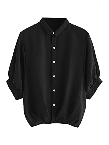Image of Milumia Women's Collar Lantern Short Sleeve Pleated Hem Button Down Work Blouse Shirt Top