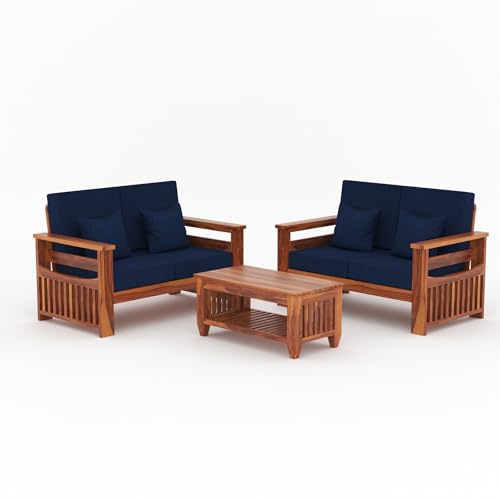 Image of Sheesham Wooden 4 Seater Sofa for Living Room | Rosewood 4 Seater Cushion Sofa Side Half Moon Rack | Solid Wood Sofa Set for Lounge (-2+2,Honey Finish)