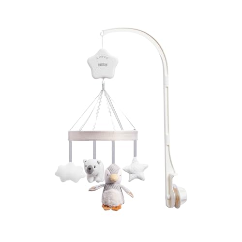 Nuby Kinderbett-Mobile für Babys mit verstellbarem Arm, geeignet für alle Babybetten. Süße Plüschfiguren in Weiß und Grau, einschließlich Pebbles the Pinguin und Pals (1 Stück)