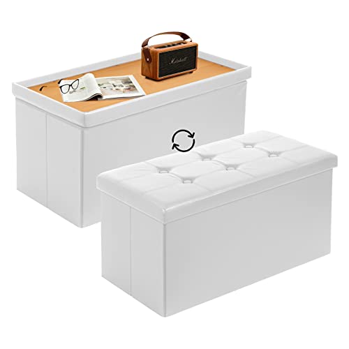 Todeco Coffre de Rangement avec 2 en 1 Couvercle, Banc de Rangement Pliable Similicuir, Ottoman avec Espace de Stockage, Pouf Rangement Interieur 80L pour...
