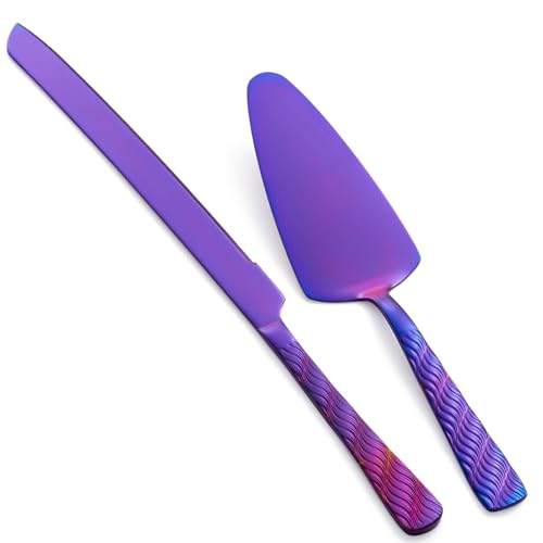 FULLYWARE Lila Hochzeitstortenmesser und -servierset, Edelstahl Tortenmesser-Set, Tortenschneider und Kuchenservierer für Hochzeit, Geburtstag, Party