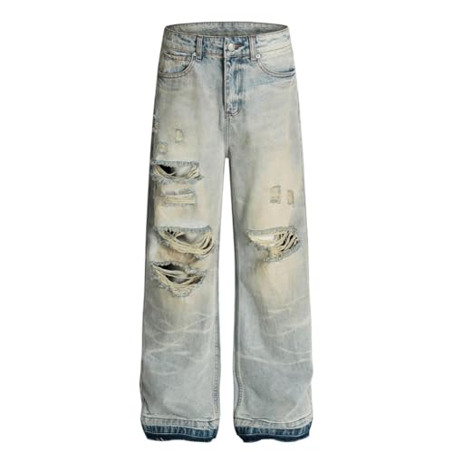 Mens Distressed Straight Jeans Ripped Denim Pants Streetwear Vintage Blue Jeans Comfortable Stretch Slim Fit W28 L32