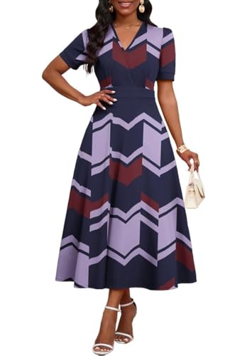 Image of MarryUP Women's Midi Dresses - V Neck Cocktail & Church Tea Dresses - Short Sleeve A-Line Swing Dress