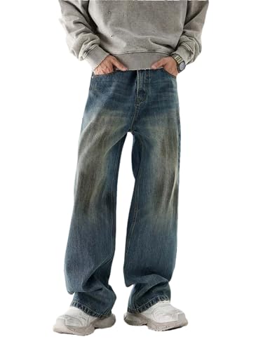 Men's Winter Cotton Baggy Jeans Vintage High Street Wide Legs Straight Denim Pants