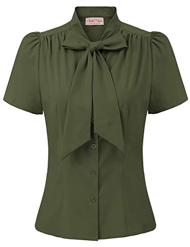 Image of Belle Poque Summer Short Sleeve Office Button Down Blouse Stripe Shirt Tops with Bow Tie BP573