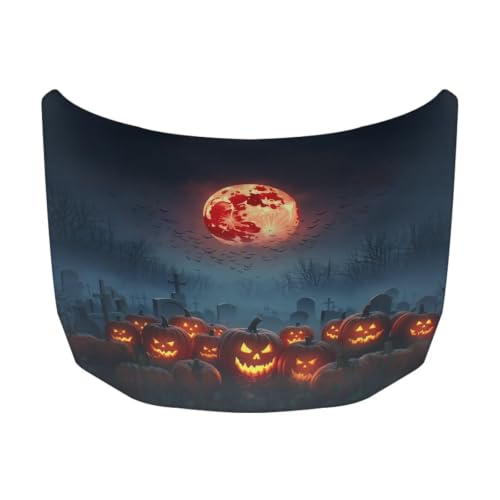 Image of Cemetery Graveyard Pumpkin Print Car Hood Cover Stretchable Auto Hood Wrap Blankets Waterproof Automotive Halloween Outdoor Decorations for Compact Sedans SUV Trucks Van