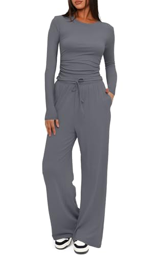 CheChury Conjunto de fato de treino para mulher, conjunto desportivo de 2 peças, blusas de manga comprida e calças de perna larga com bolso, confortável, casual, elegante, conjunto de moda de cor
